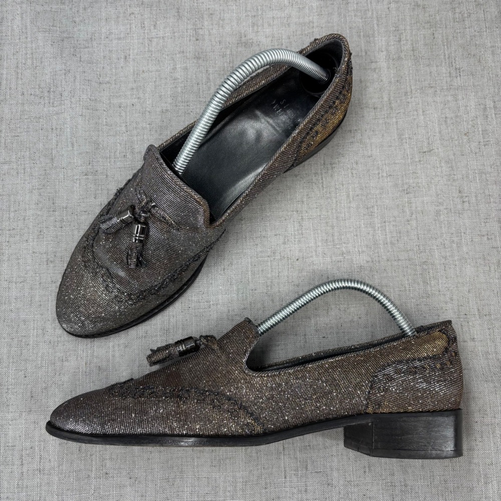 Stuart Weitzman Guy Thing‎ Metallic Lurex Tassel Loafers Leather Women's 10.5